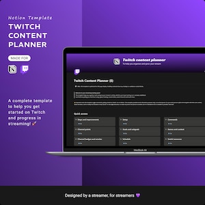 May include: A laptop displays a Notion template for Twitch content planning. The screen shows a purple and black interface with the text "Twitch Content Planner (E)" and various organizational sections. The background is a gradient of purple hues.
