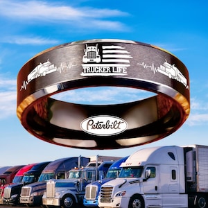 LKW Fahrer Ring Trucker Leben Schmuck halb LKW Fahrer Geschenke Kenwertige Peterbilt Mack Trucker Carbide Ehering mit graviertem Geschenk-Box