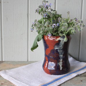 May include: A blue and brown ceramic vase with a flared opening, filled with a bouquet of blue borage flowers.