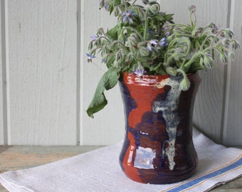 Vintage Artist Signed Rustic Hand Thrown Studio Redware Pottery Vase with Slip Glaze