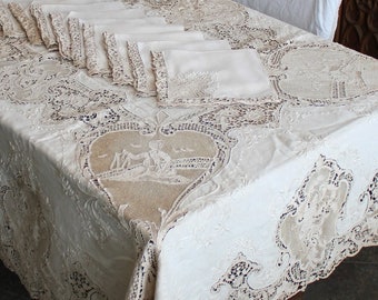 Amazing Antique Embroidered Point De Venice Cutwork Ecru Linen Tablecloth and 12 Napkins Banquet 114" X 66"