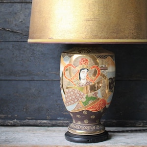Vintage Hand Painted Japanese Satsuma Moriage Porcelain Ginger Jar Table Lamp with 2 Lights