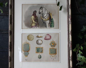 Litografía antigua: Uno de los caballos favoritos del Maharajá Ranjit Singh y algunas de sus joyas más preciadas.