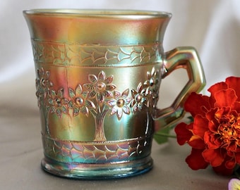 Antyczny, rzadki kubek do golenia Fenton Carnival Glass Electric Sapphire Blue Orange Tree