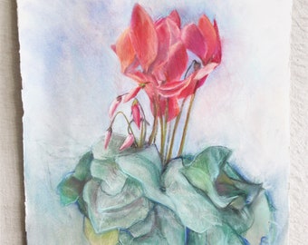 Large Lush Pastel Drawing of Pink Red Cyclamen Flowers