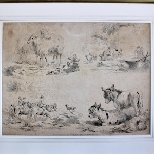 Grabado antiguo del siglo XVIII de George Morland, realizado con la técnica del punteado a lápiz.