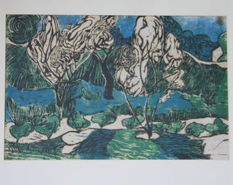 Vintage abstracte landschapsprint in houtsnede uit het midden van de 20e eeuw, gesigneerd door kunstenaar Phyllis.