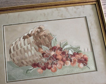 Antique Framed Society Silk Embroidery Basket of Cherries