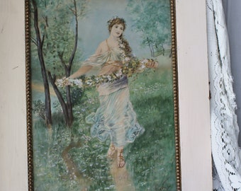 Antique Watercolor Painting of Young Lady with Flowers in Chippy White and Gold Frame