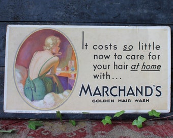 Vintage Marchand's Golden Hair Wash Cardboard Store Advertising Display 1932