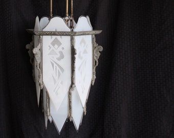 Antique Art Deco 4 Light Hanging Pendant Lamp Chandelier With Stenciled Frosted Glass Panels