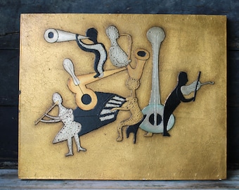 Vintage Mid Century Modern Abstract Jazz Musicians 3D Textured Painting