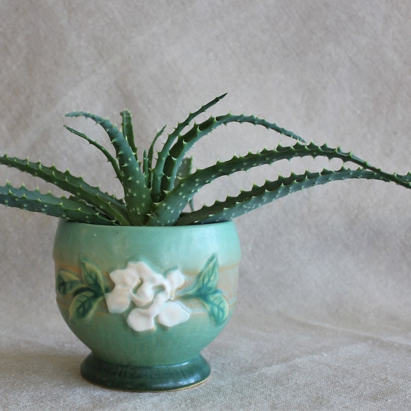 Vintage Roseville Pottery Gardenia Bowl Vase Planter Aqua Green