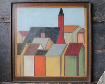 Vintage Mid Century Minimalist Painting of a Village Rooftop Scene Oil on Board