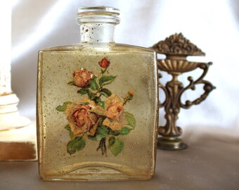 Vintage Rose Decoupage Classic Glass Flacon Bottle with Stopper Holds 8 ozs