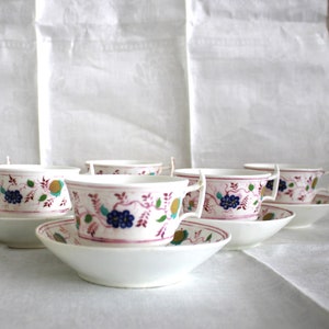 Set of 6 Pink Luster Soft Paste Cups and Saucers Hand Painted 19th C. English