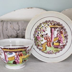 Antique Hand Painted Porcelain Soft Paste Pottery Cup & Saucer Asian Scene