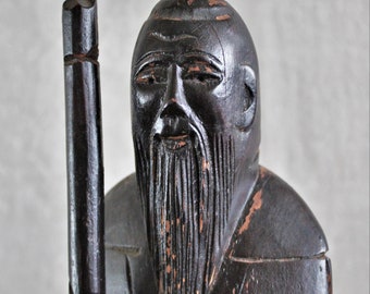 Vintage Carved Wood Chinese Wise Man Sculpture Statue