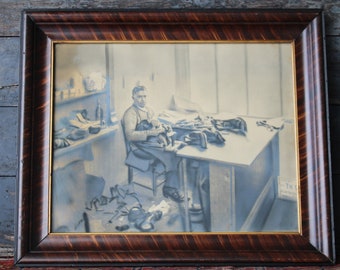 Antique Photo of Cobbler at Work in Faux Grain Wood Ogee Frame