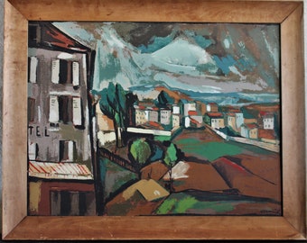 Vintage Mid Century Modern Geometric Abstract 1972 Signed Serigraph Print of a Village by Maurice De Vlaminck