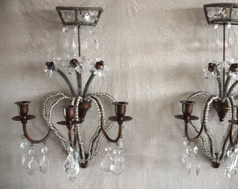 Vintage Pair of Three Candle Wall Sconces with Cut Crystal Glass Prisms