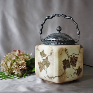 Antique Victorian Mt Washington Crown Milano Square Satin Glass Biscuit Jar with Gilt Enamel