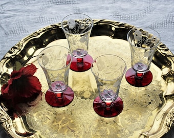 4 Vintage Etched Crystal Stemware Cordial Wine Cocktail Glasses with Red Foot