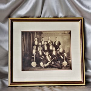 Antique Sepia Photo of Young College Gents Musical Group Band Banjos Guitars in Wood Frame