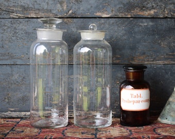 3 Large Antique Blown Glass Scientific Apothecary Jars with Ground Stoppers