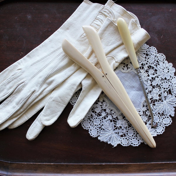 Edwardian French Ivory Celluloid Glove Stretcher and Button Hook
