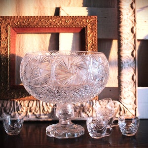 Large Vintage American Brilliant Cut Crystal Glass Punch Bowl with 5 Cups