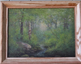 Antique Forest Landscape Oil on Board Painting in Wood Frame