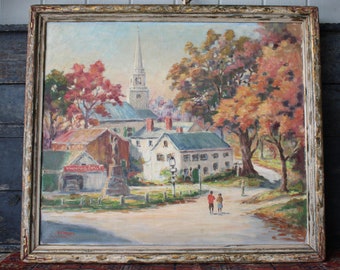 Vintage Oil on Canvas Painting of New England Village in the Fall Signed Wilson