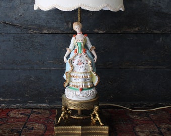 Vintage Victorian Style  Romantic Figural Lady Hand Painted Porcelain Lamp on Brass Cherub Base