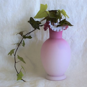 Antique Victorian Pink and White Cased Satin Glass Vase with Ruffled Top