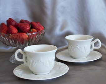 2 Vintage English Red Cliff White Ironstone Cups and Saucers Grape Pattern