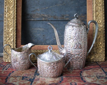 Antique E G Webster & Son Repousse SilverPlate 3 Piece Tea Set with Cherubs and Flowers