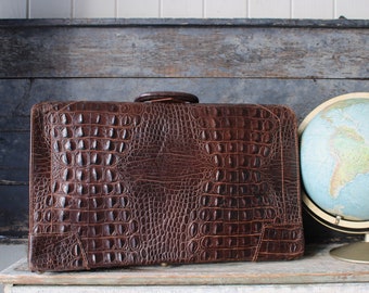 Gorgeous Antique J E Fournier Heavy Leather Faux Crocodile Alligator Embossed  Suitcase