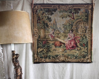 Vintage French Tapestry Idyllic Romantic Garden Scene Wall Hanging  25" x 24"