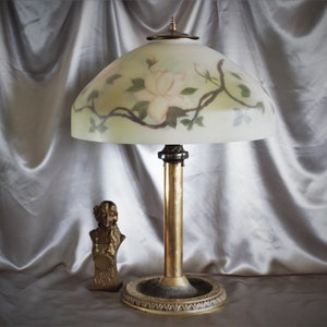 Antique Reverse Painted Glass Shade Table Lamp with Heavy Brass Base