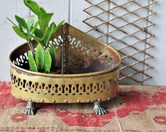 Antique Brass Jardinière Footed, Pierced, and Hand Tooled