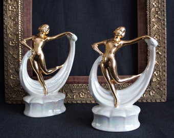 Pair of Porcelain Nude Scarf Dancing Figures in Gold and Luster