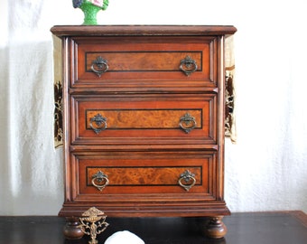 Beautiful Small Vintage Cherry and Burl 3 Drawer Chest of Drawers for Jewelry, Crafts Supplies, Paper, Lingerie 25" x 21" x 13"