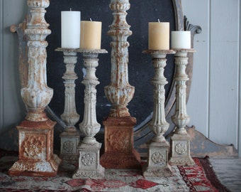 A Pair of Cast Iron Column Candlesticks Candle Holders with Chippy Paint
