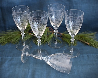 5 Vintage Rock Sharpe Wheel Cut Elegant Etched Crystal Stemware Wine/Cocktail Glasses With Flowers and Leaves