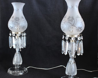 Pair of Vintage Cut Glass Table Lamps with Crystal Prisms and Wheel Cut Frosted Shades