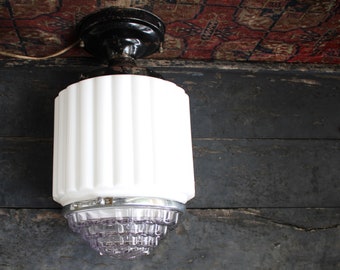 Antique Art Deco Fluted White Milk Glass with Clear Base School House Drug Store Flush Mount Light