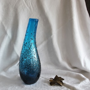 Large Vintage Mid Century Hand Blown Art Glass Vase Blue with Black Spatter Overlay