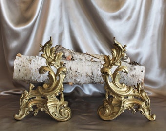 Pair of Antique Brass Italian Rococo Fireplace Andirons