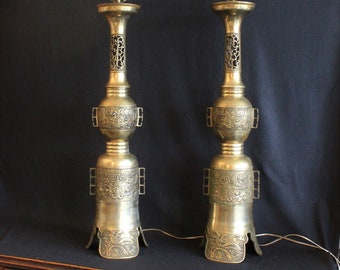 Monumental James Mont Style Chinoiserie Brass Mid Century Asian Hollywood Regency Lamps